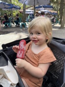 Toddler girl smiling holding a popsicle in a stroller at the Jacksonville Zoo.