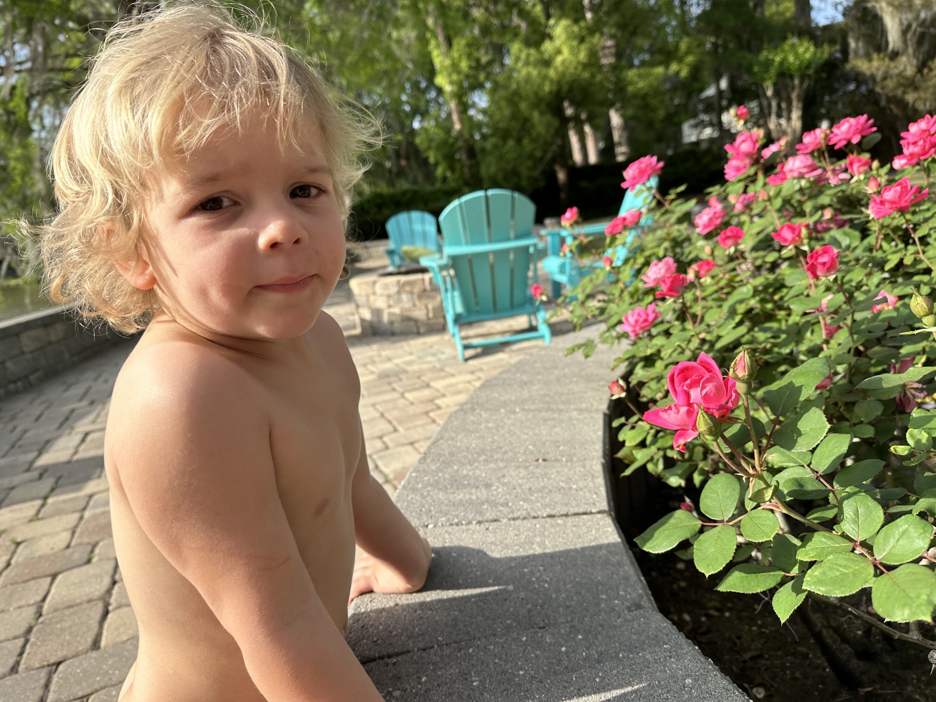 Pediatric Aged boy, in San Marco, Jacksonville, FL leaning on bricks next to pink flowers with blue chairs in the background
