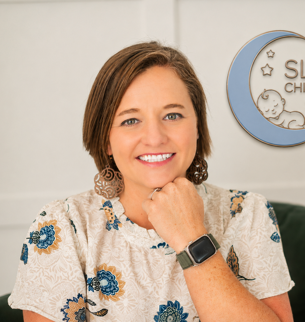 Light skinned woman with an off-white flowered shirt. sits with hand under chin wearing a watch, smiling, with her business logo of a moon and a child sleeping on it that says sleep well children, Jacksonville, FL.